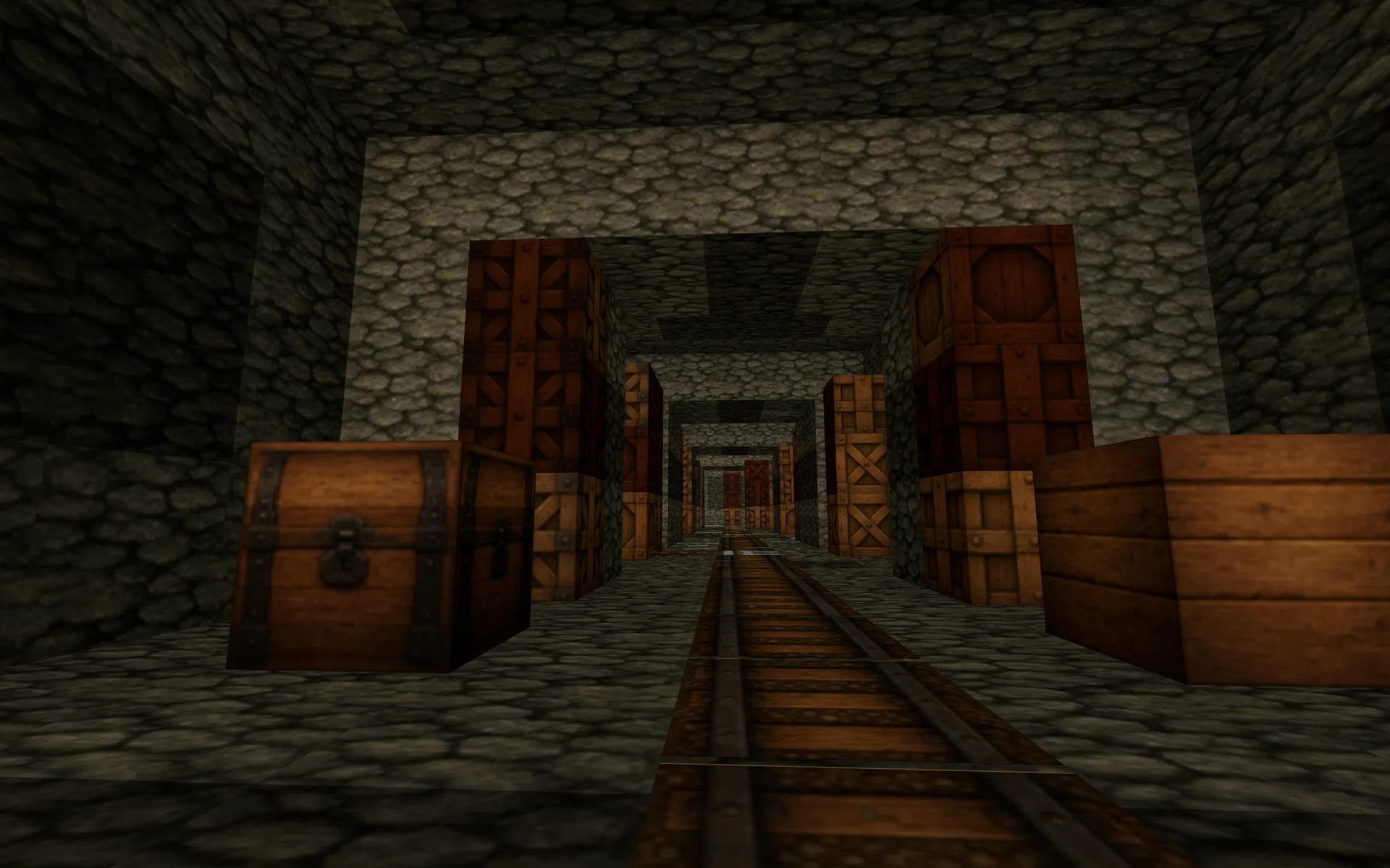 Unterirdische Butzcraft-Mine mit Schienen und Kisten